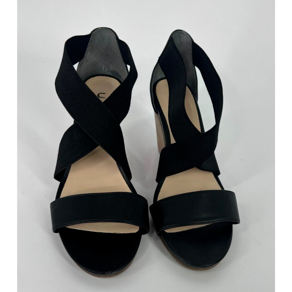 Unisa Black Faux Leather Elastic Strap Cork Wedge Sandals Women's Size 6M